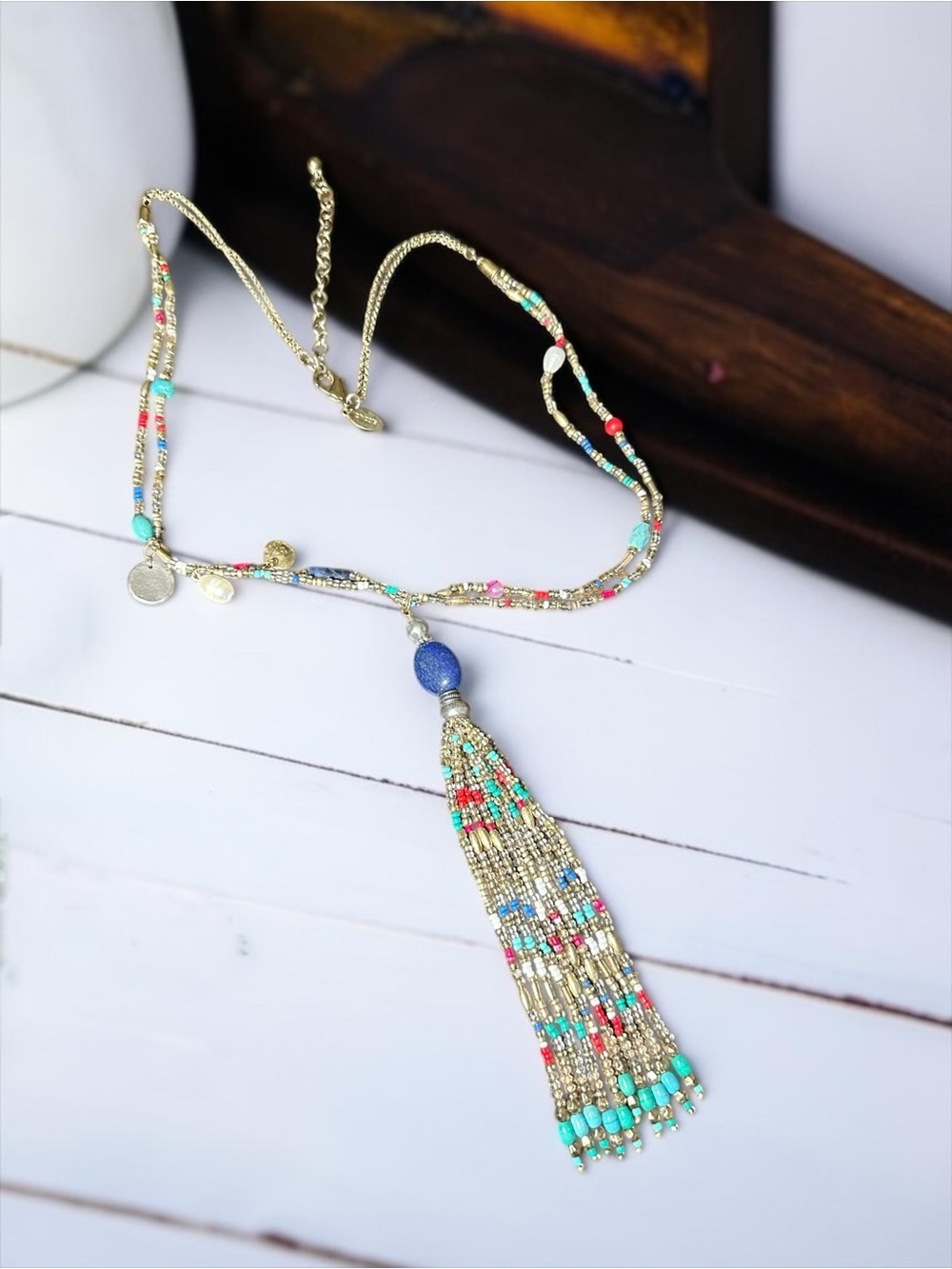 Chico's Multi-Color Turquoise & Red Beaded Tassel Necklace